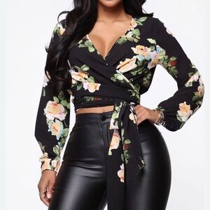 FASHION NOVA Floral Wrap Top - Black